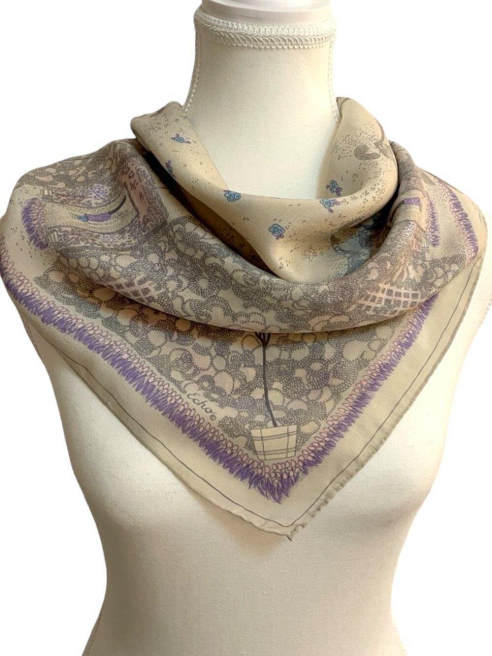 Echo Silk Feel Garden Party Square Scarf 26" x 26" Lavender Gray